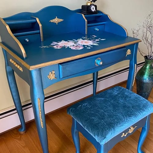 Turquoise Vanity and velvet covered bench