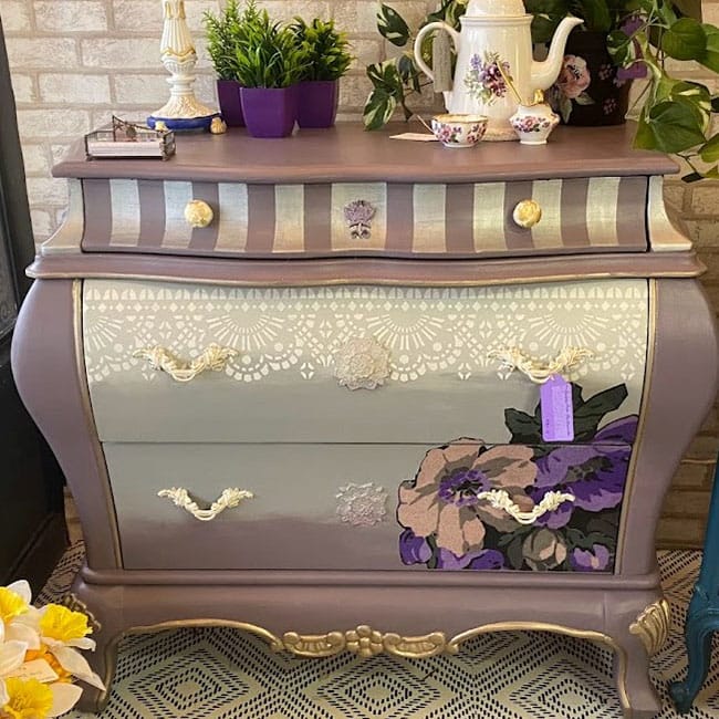 Purple and silver floral chest of drawers